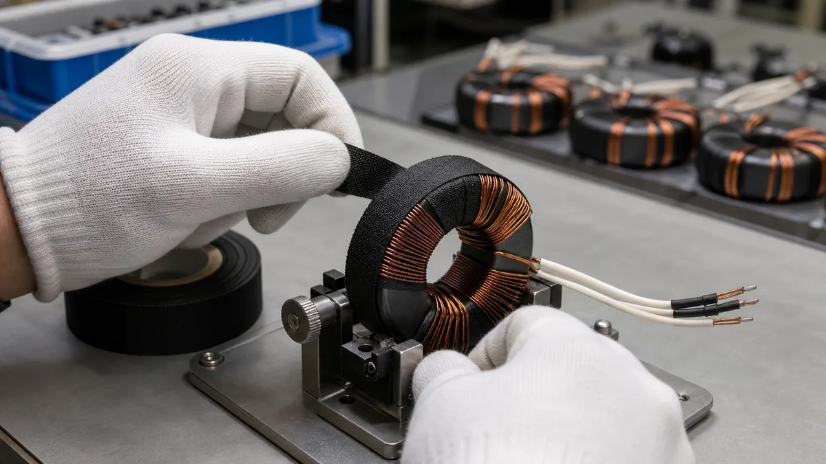 Electronics technician wrapping black acetate cloth tape around a toroidal common-mode choke coil